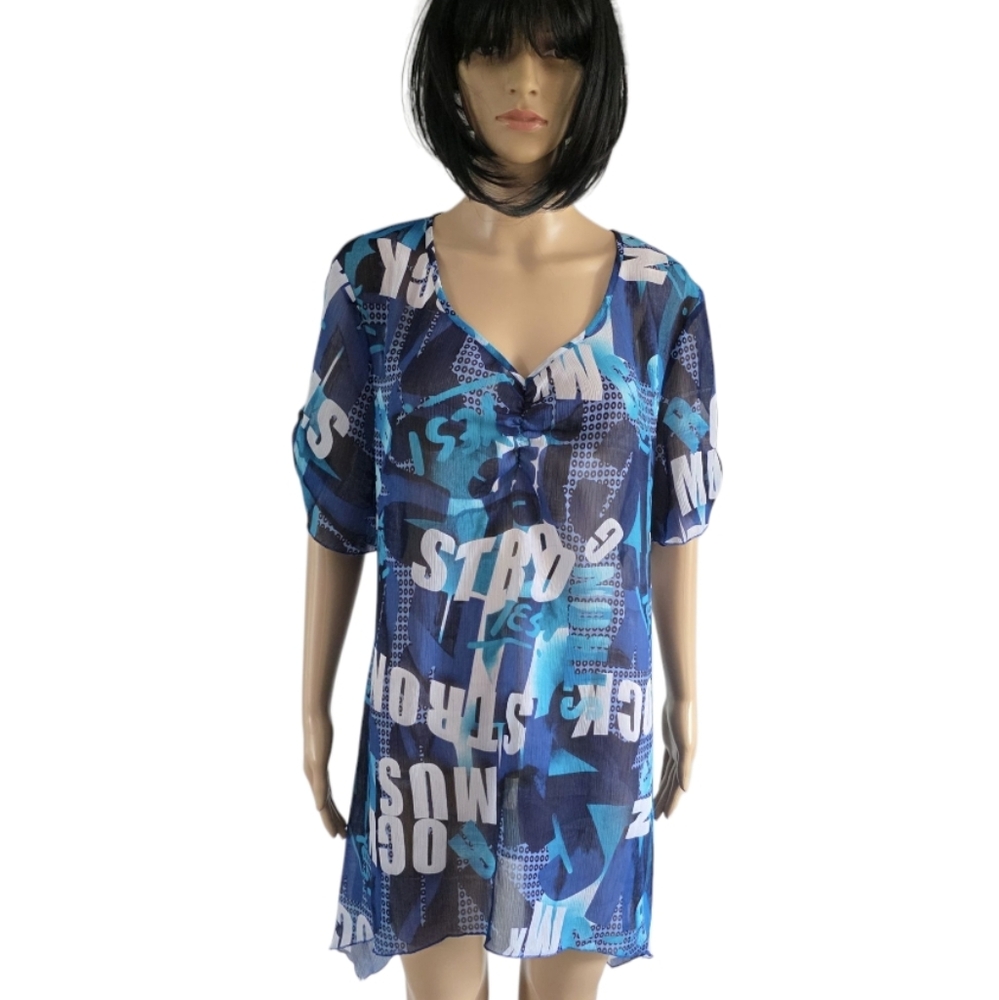 Claire france short sleeve sheer Abstrac Tunic, blue/white,plus size 1X/2X